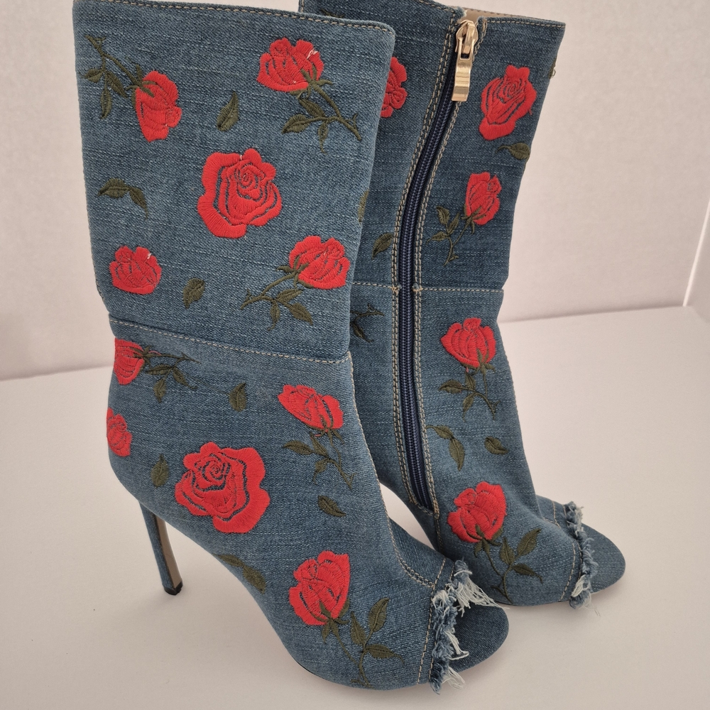 AKIRA Romantic Red Rose Embroidered Denim Booties - Picture 4 of 5